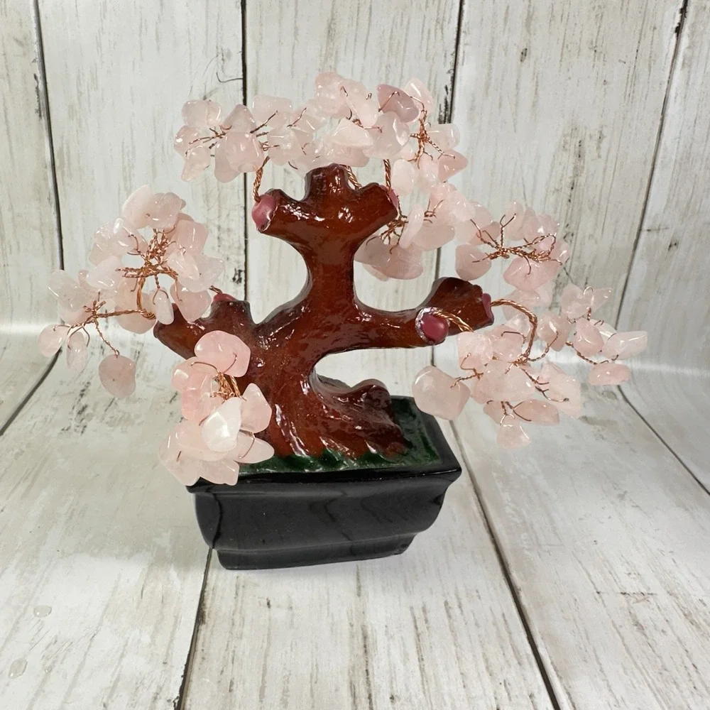 Feng Shui Natural Rose Pink Quartz Crystal Money Tree Bonsai Style Decoration Fo